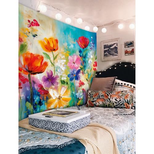 Colorful Flower Tapestry 59W by 51H Inch Wall Hanging Oil Painting Abstract Plant Wildflower Art Bedroom Living Room Dorm Polyester Fabric Home Decor - color: Colorful Flower Art, size: 59"L x 51"W