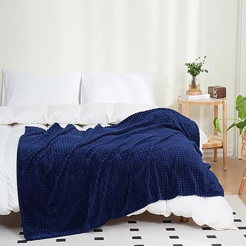 Puncuntex Flannel Fleece Throw Blanket Navy Blue 50"×60",Super Soft Plush Cozy Blanket with 3D Jacquard Square Grid Design Luxury for Couch Sofa Chair,Dark Blue - color: Navy Blue, size: 50"×60"