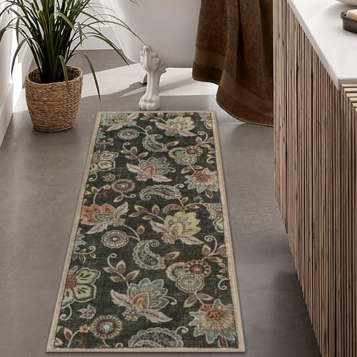 Morebes Floral Bathroom Runner Rugs 24 x 60 Non Slip,Washable Kitchen Runner Rug,Distressed Paisley Entryway Rug Bath Mat,Non Shedding Throw Carpet Runner for Entrance Laundry,Brownish Black - color: Brownish Black, size: 2' x 5' (Rectangular)