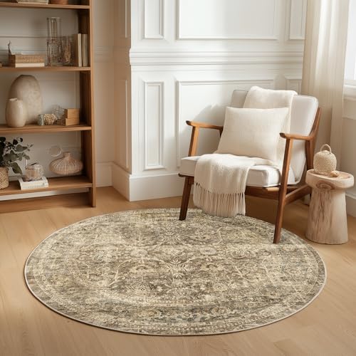FMFUNCTEX 5ft Round Washable Area Rug Brown Vintage Neutral Distressed Non Slip Carpet for Living Room Bedroom Soft Low Pile Indoor Mat Retro Floral Throw Rug for Dining Room Office Nursery Bedside - color: Brown, size: 5' (Round)