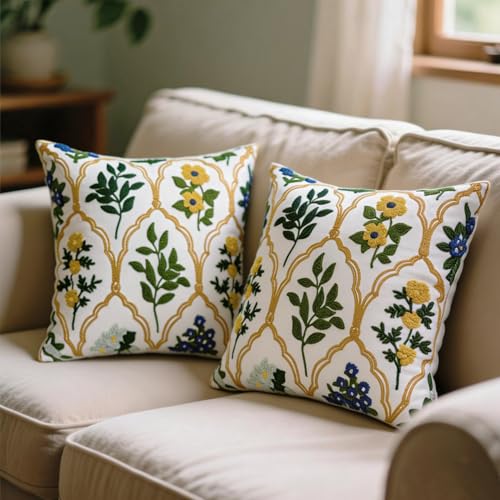 Alysheer Spring Summer Floral Embroidered Decorative Throw Pillow Cover 18"x 18" Set of 2, Flower Leaves Embroidery Patterned Multicolor Cushion Case for Sofa Couch Living Room Bedroom Outdoor - color: - Blue Mustard, size: 18" x 18" (Pack of 2)