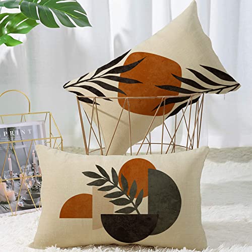 Boho Abstract Sunset Plant Olive Leaves Decorative Throw Pillow Covers Set of 4, Bohemian Geometry Line Pillowcase Decoration, Minimalist Modern Art Aesthetic Cushion Case Home Decor 12x20 - color: Boho Plant, size: 20" x 12" (Pack of 4)
