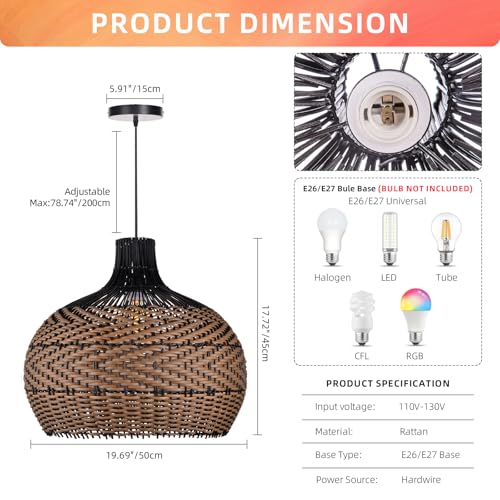 Arturesthome Rattan Pendant Light Fixtures for Kitchen Island, Wicker Chandelier, Handmade Woven Hanging Ceiling Light Lampshade for Living Room Bedroom - size: 19.6" * 17.7"
