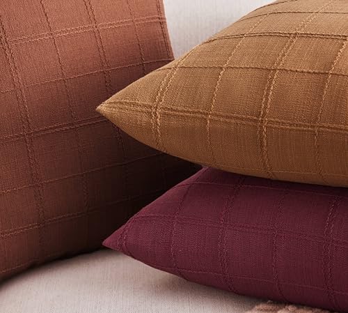 ZeeMart Linen Checked Throw Pillow Covers Set of 2, 22x22 Inch Allover Grid Caramel, Farmhouse Decorative Double Sided Grid Embroidered Couch Pillow Cases Burnt Orange Cotton Linen Cushion Covers ﻿ - color: Allover Grid Caramel, size: 22" x 22" (Pack of 2