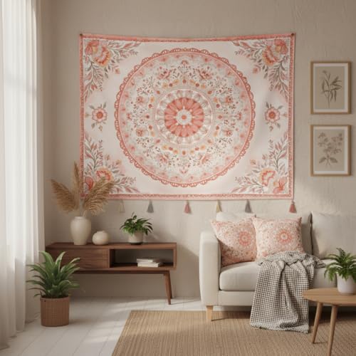 Motanber Pink Mandala Tapestry Wall Hanging Boho Floral Tapestry Aesthetic Watercolor Flower Medallion Cute Small Tapestries for Bedroom Living Room Dorm Decor 60 x 44 Inch - color: Peach Pink, size: 60"L x 44"W