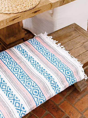 Gray, Teal and Pink Mexican Blanket by Laguna Beach Textile Co - Beach, Yoga, Camping, or Decorative Throw Blanket - Traditional Handmade Serape - Gray Blush - color: Gray Blush
