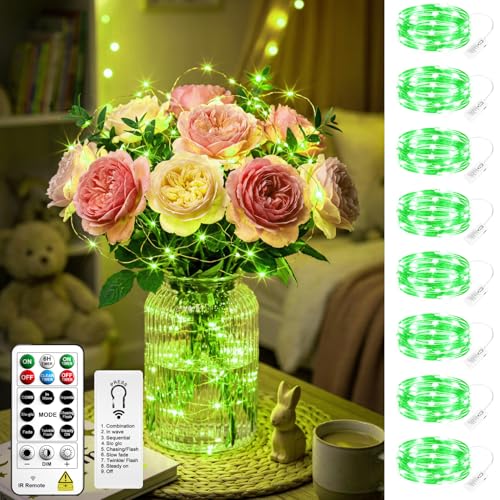 8 Pack Rechargeable LED Fairy Lights 7Ft 20LED Battery Operated with Remote, DIY Timer & 8 Modes, Mini Twinkle String Lights for Indoor Christmas Wedding Mason Jar Bedroom Party Table (Green) - color: Green