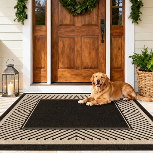 Washable Modern Easy Jute Rug 3x5, Black Outdoor Indoor Patio Striped Neutral Small Bordered Rugs, Woven Non Slip Thin Carpet Mat for Living Bedroom Entryway Front Door Farmhouse Doorway Kids - color: Modern Black, size: 3' x 5'
