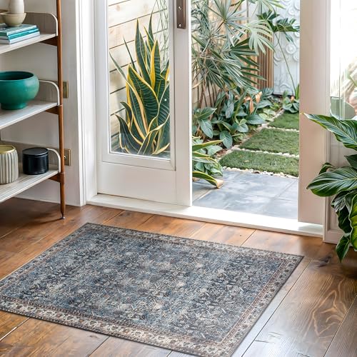 Bloom Rugs Washable Non-Slip 2' x 3' Rug - Blue/Beige Traditional Oriental Area Rug for Living Room, Bedroom, Dining Room, and Kitchen - Exact Size: 2' x 3' - color: Blue / Beige, size: 2' x 3' (Rectangular)