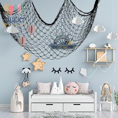 ZUEXT Decorative Fishing Net 5x10 ft, Large Black Picture Fish Net, Wall Photo Hanging Fishnet for Nautical Gothic Pirate Ocean Themed Beach Under The Sea Party Decorations, 3mm Thick Cotton Table Runner Wall Net Decor - color: Black, size: 5 ft x 10 ft -