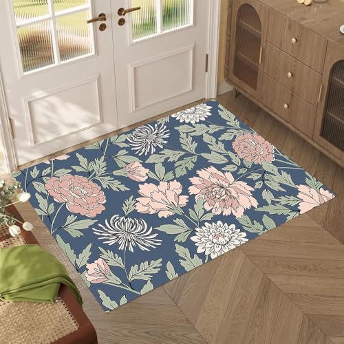 Floral Carpets for Living Room - Washable Rugs 1.5 x 2.5ft Non-Slip Lightweight Soft Bedroom Rugs Throw Low-Pile Area Rug for Dining Room, Print Fall Rugs for Office Kitchen Entryway - color: Muted Teal and Soft Peach, size: 1.5 x 2.5ft / 18 x 30in / 45 x