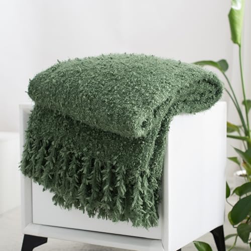 Winter Knit Throw Blanket Fluffy Fuzzy Soft Lightweight Cozy Farmhouse Tassels Chunky Knitted Throws for Couch Sofa Bed (Green, 50"x60") - color: Green, size: 50"x60"
