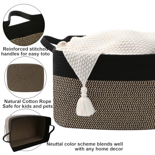96L Large Blanket Basket,24"x16"x15"Rectangle Storage Bin with Handles,Woven Rope Laundry Basket for Toys, Clothes,Magazines,Home Organization,Nursery,Living Room & Bedroom,Black&Jute - color: Black & Jute, size: 24"x16"x15"(96L)