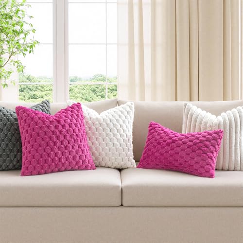 MIULEE Hot Pink Faux Fur Lumbar Decorative Throw Pillow Covers 12x20 Inch Set of 2 Super Soft Cozy Plush Cushion Cases Luxury Fluffy Pillowcases for Sofa Couch Bed Living Room - color: Hot Pink, size: 20" x 12" (Pack of 2)