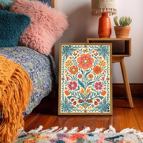 Framed Vintage Mexican Floral Canvas Wall Art, Colorful Folk Flower Wall Decor Pictures, Boho Botanical Painting Prints Rustic Home Decor for Living Room Bedroom 12x16 inch - color: Mexican Floral, size: 16"L x 12"W