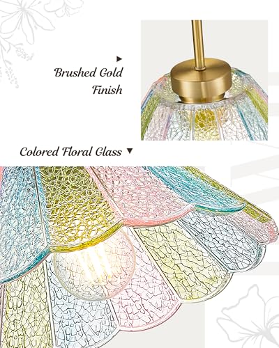 Gold Pendant Light, HWH 10.4-inch Hanging Light Fixture for Living Room, Dining Room, Bedroom, Pendant Lights Kitchen Island with Colored Floral Glass, Gold Finish, 5HJX110MIL BG-C - color: Gold+Colored Floral Glass