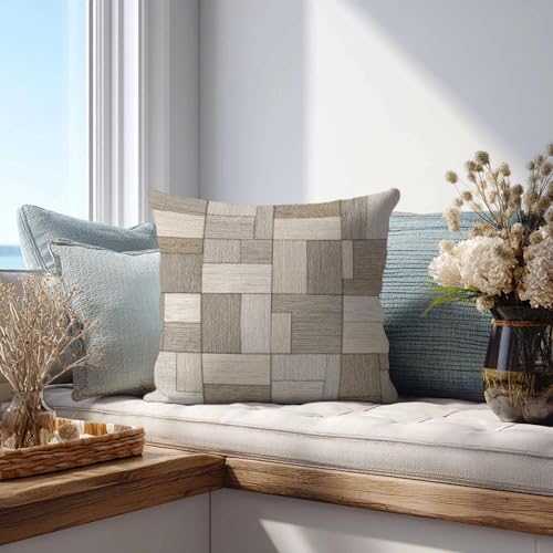 Patchwork Throw Pillow Covers 18x18 Set of 2 | Beige Taupe Decorative Cushion Covers | Neutral Farmhouse Pillow Cases for Couch Sofa Bed Living Room - color: Patch Blocks