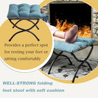 15" Foldable Foot Stool Ottoman with Metal Frame - Washable Blue Upholstered Indoor/Outdoor Footrest for Living Room, Bedroom, Patio - Space-Saving Compact Design - color: Blue