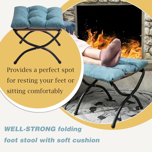 15" Foldable Foot Stool Ottoman with Metal Frame - Washable Blue Upholstered Indoor/Outdoor Footrest for Living Room, Bedroom, Patio - Space-Saving Compact Design - color: Blue