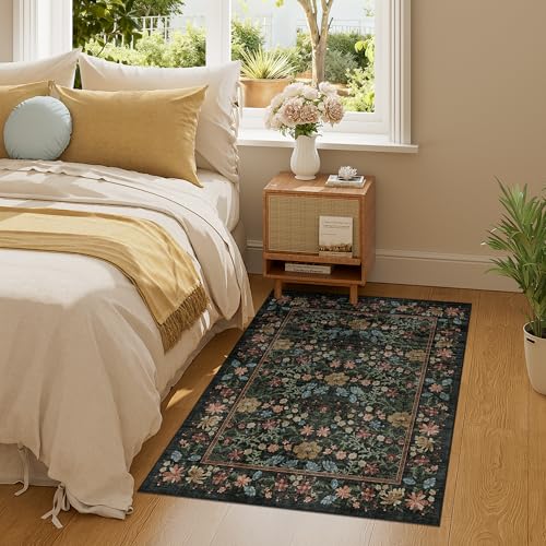 DUKINO 3x4 Area Rug for Entryway, Low Pile Vintage Washable Floral Rug with Non Shedding Design, Lightweight & Non Slip Soft Small Carpet for Kitchen, Bathroom, Bedroom, Dining Room, Black - color: Black, size: 3' x 4' (Rectangular)