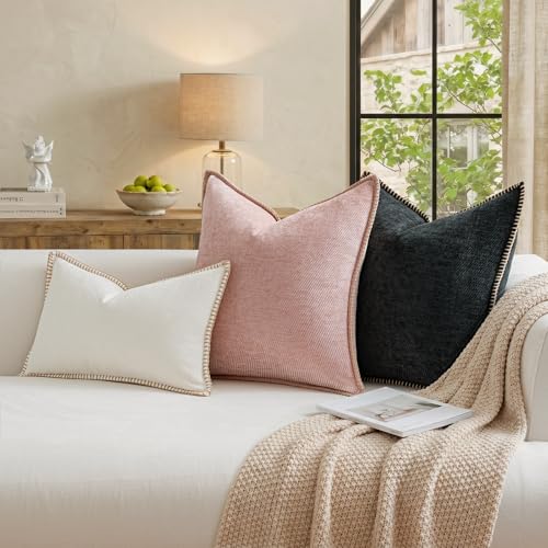 a moment Pack of 2 Decorative Chenille Throw Pillow Covers with Twill Cushion Covers for Sofa Living Room Couch Bed 20x12 Inch,Crafted Border Blush Pink - color: 1.crafted Border Blush Pink, size: 20" x 12" (Pack of 2)