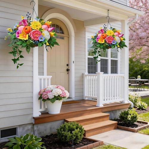 Soomeir Artificial Hanging Flowers Basket for Outdoor, Faux Hanging Plants, Garden-Style Mixed Blooms with Roses, Dahlia & Gerbera, Decorative Fruit & Lush Greenery for Porch, Patio, Balcony