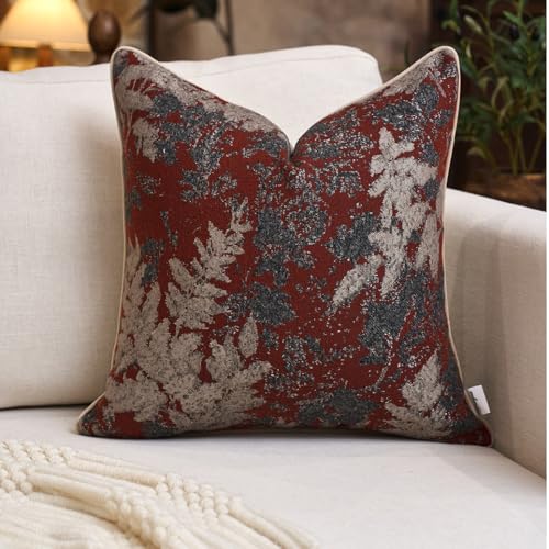 Yangest Neutral Leaf Pillow Cover 18 x18 Inches, Vintage Chenille Square Throw Pillow Cover Soft Leaves Nature Accent Couch Pillow Cover for Living Room Bedroom, Red - color: Red, size: 18" x 18" (Pack of 1)