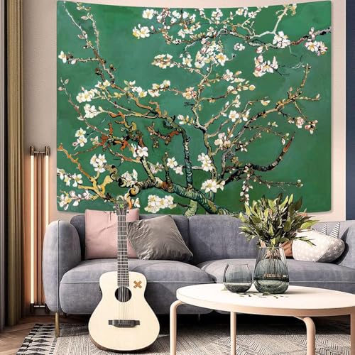 Yeoiat Van Gogh Tapestry Almond Blossom Floral Wall Tapestry, Tree Tapestries for Bedroom Art Tapestries Wall Hanging for Bedroom Living Room 36"x48" - color: Green White, size: 48"L x 36"W