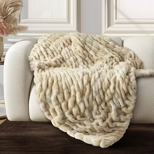 Ultra Soft Cozy Faux Fur Throw Blanket, Fuzzy Plush Thick Bubble Blanket, Oversize Luxury Fluffy Blanket for Couch, Sofa, Bedroom, and Living Room,50x60 Inches,Double Sided Tie-Dye Camel - color: Double Sided-tie Dye Camel, size: Throw