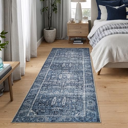 Bloom Rugs Washable Non-Slip 7 ft Runner - Blue Traditional Runner for Entryway, Hallway, Bathroom, and Kitchen - Exact Size: 2.5' x 7' - color: Blue, size: 2'6" x 7' (Runner)