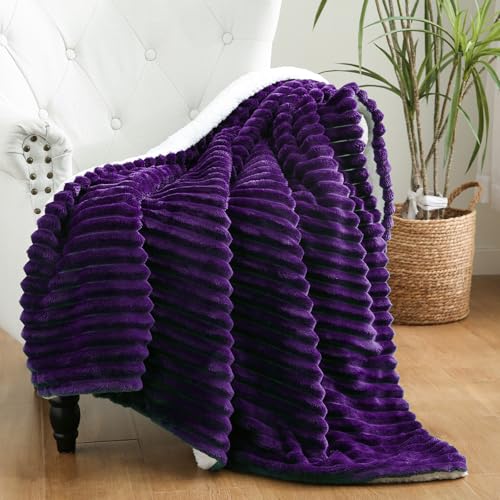 Purple Sherpa Fleece Throw Blanket 50”×60” for Couch Sofa Bed,Super Soft Cozy Plush Double Side Thick Flannel Blanket with Striped Design Lightweight for Adults,Woman,Girls - color: Purple, size: 50×60inch