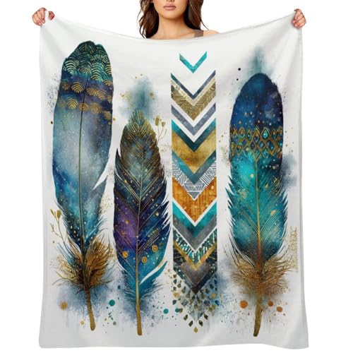 Blanket Feather Pattern Blue Throw Blanket for Women Men, 60"x80" Vintage Watercolor Gold Branch Plush Flannel Throws, Decor for Bed Couch Bedroom - color: Feather Pattern Blue, size: 60"x80"