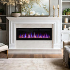 BETELNUT 50" Electric Fireplace Wall Mounted and Recessed with Remote Control, 750/1500W Ultra-Thin Wall Fireplace Heater W/Timer Adjustable Flame Color and Brightness, Log Set & Crystal Options - size: 50 Inch