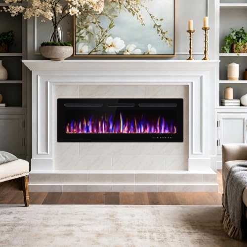 BETELNUT 50" Electric Fireplace Wall Mounted and Recessed with Remote Control, 750/1500W Ultra-Thin Wall Fireplace Heater W/Timer Adjustable Flame Color and Brightness, Log Set & Crystal Options - size: 50 Inch