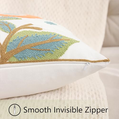 Embroidered Throw Pillow Covers 18x18 Pack of 2 Green and Orange Pillow Covers Flowers with Leaves Pillow Cushion Case Summer Decorative Farmhouse Pillowcases Square Rustic Floral Pillow Case - color: Orange and Green Flowers