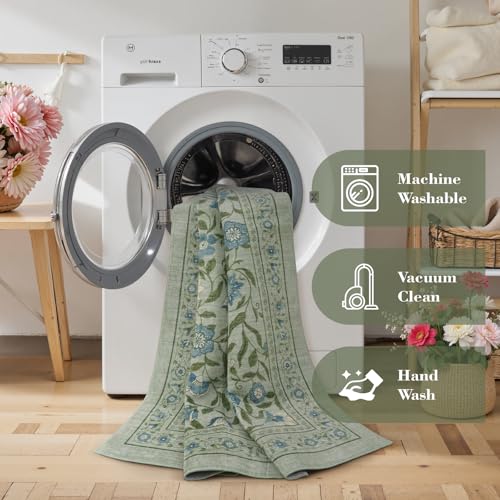 Collive Washable Entryway Rugs, Green 2 x 3 Spring Floral Rug Modern Soft Kitchen Carpet Non Slip, Vintage Bathroom Mats Stain Resistant Inside Front Door Mat for Entrance, Bedroom - color: Green, size: 2' x 3'