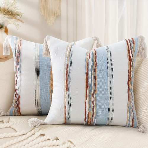 decorUhome Boho Decorative Throw Pillow Covers 18x18 Set of 2, Striped Chenille Tufted Pillow Covers with Tassels for Couch Bed Sofa, Cream White and Light Blue - color: Cream White and Light Blue