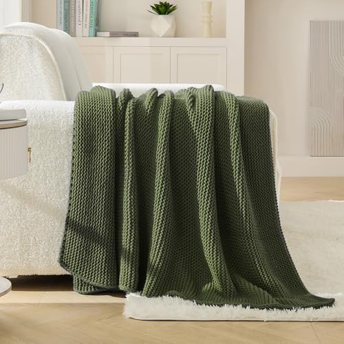 Olive Green Throw Blanket, Olive Cable Knit Throw Blanket for Couch, Soft Cozy Stretchy Reversible Garter Knitted Blankets for Bed, 50"x60", Olive Green - color: Olive Green, size: 50"x60"
