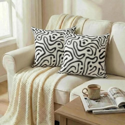 Mantle & Mason Throw Pillow Covers 18x18 Chenille Pillow Covers Set of 2, White Modern Abstract Luxury Textured Decorative Pillow Cover for Couch Sofa Bed Living Room - color: Artflow Black White, size: 18" x 18" (Pack of 2)