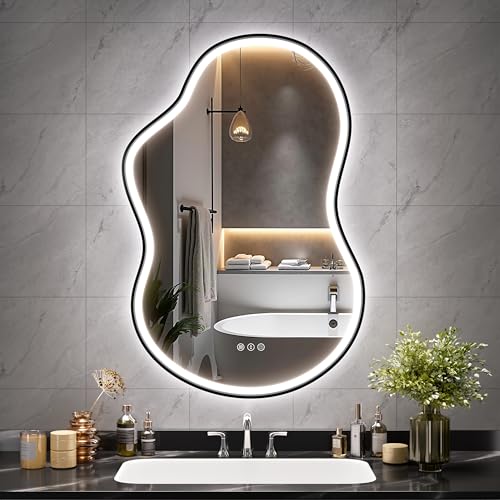 Hasipu Irregular Bathroom Mirror with Lights - 24"x35" LED Asymmetrical Wall Mirror, Abstract Modern Lighted Vanity Mirror for Wall, Anit-Fog, Dimmable, Memory, Vertical/Horizontal (Black - color: Black, size: 24"x35"