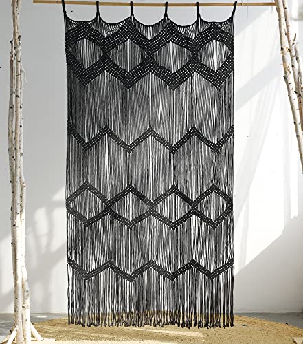 Flber Macrame Curtain Black Boho Window Macrame Doorway Curtain Macrame Wall Decor Bedroom Headboard Decor,42" Wx76 H - color: Black