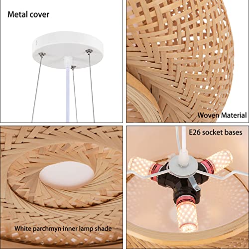 Hand-Woven Bamboo Pendant Light, Lantern Lamp Rattan Single Light Weaving Natural Wooden Ceiling Hanging Fixture with Adjustable Cord for Kitchen Dining Room Restaurant Farmhouse - color: Dome,Style 8,19.65inch