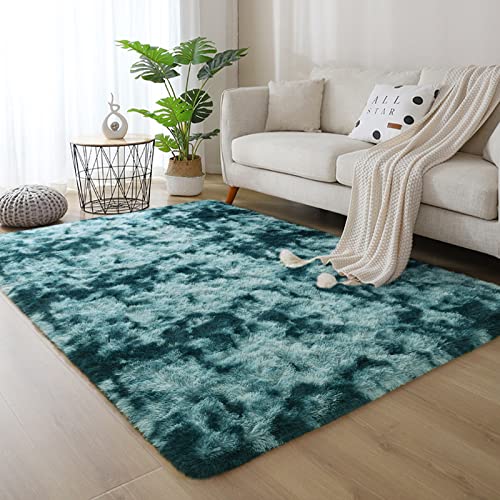 DweIke Fluffy Peacock Blue Rugs for Bedroom Living Room, 3x5 Feet Soft Plush Shaggy Tie-Dyed Teal Blue Girls Boys Kids Rug, Upgraded Non-Slip and Machine Washable Carpet for Dorm Nursery Decor - color: Peacock Blue, size: 3 Ft X 5 Ft