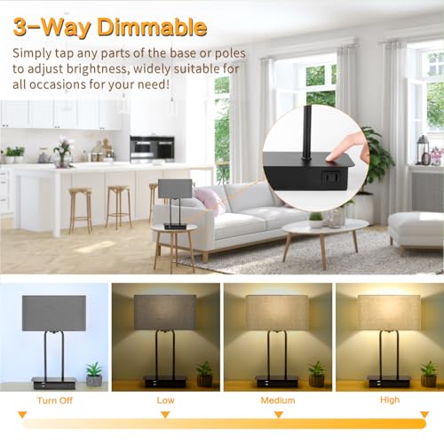 16.1'' 3-Way Dimmable Touch Control Table Lamp with USB Ports and AC Power Outlet Modern Bedside Nightstand Lamp Fabric Shade and Metal Base for Bedroom Living Room LED Bulb Included Warm White - color: Gray