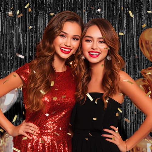 DECOCKRAT 3 Pack Foil Fringe Backdrop - Black Shiny Tinsel Curtains for Party Decoration/Photo Booth Props - 3.3x8.2 FT Metallic Foil Backdrop for Birthday, Wedding, Graduation, Christmas. - color: Black