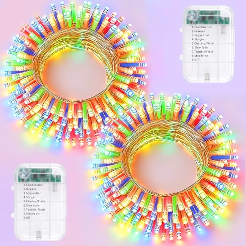Pooqla 2 Pack String Lights Battery Operated, Total 66.6ft 200 LED Fairy Lights Indoor Outdoor Decorations, 8 Modes Colorful Battery Christmas Lights for Bedroom Classroom Porch Party Yard Decor - color: Colorful, size: 100 LED x2