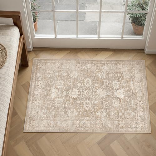 HUGEAR 2x3 Entryway Rug Beige Machine Washable Rug Room Decor Vintage Distressed Small Area Rugs Indoor Door Mat Low Pile Non Slip Carpet for Kitchen Living Bedroom Soft Lightweight - color: A| Beige, size: 2' x 3' (Rectangular)