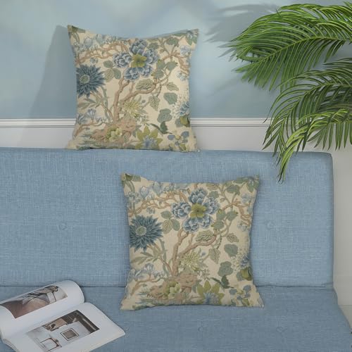 Chinoiserie Throw Pillow Covers 16x16 Inch 2 Pcs Sage Green Blue Floral Decor Pillow Covers Vintage Flower Spring Summer Outdoor Seasonal Decorative Pillowcase Linen Cushion Cover for Couch - color: Chinoiserie Blue Green Floral, size: 16" x 16" (Pack of