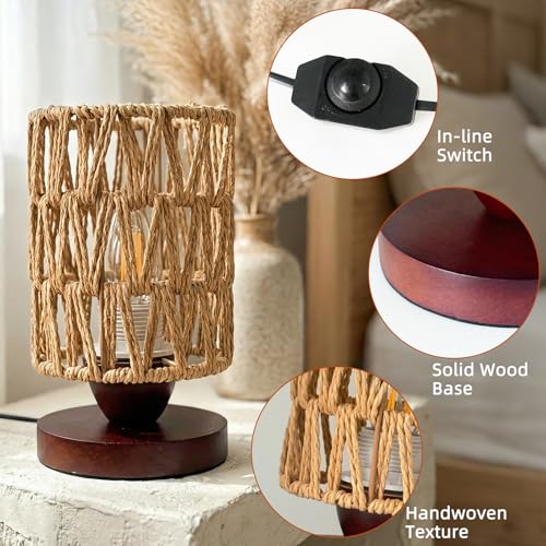 Small Rattan Lamp for Bedroom,Boho Table Lamp for Living Room,Dimmable Woven Bedside Lamp for Nightstands, Handmade Farmhouse Wicker Bamboo Table Lamp for Room Office Decor (LED Bulb Included) - style: B