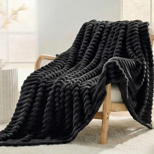 Black Striped Throw Blanket, 330GSM Soft Plush Fleece Blanket for Couch Sofa Travel, Decorative Cozy Giftable Home Blanket, 50x70 Inches - color: Black, size: Throw XL(50"x70")